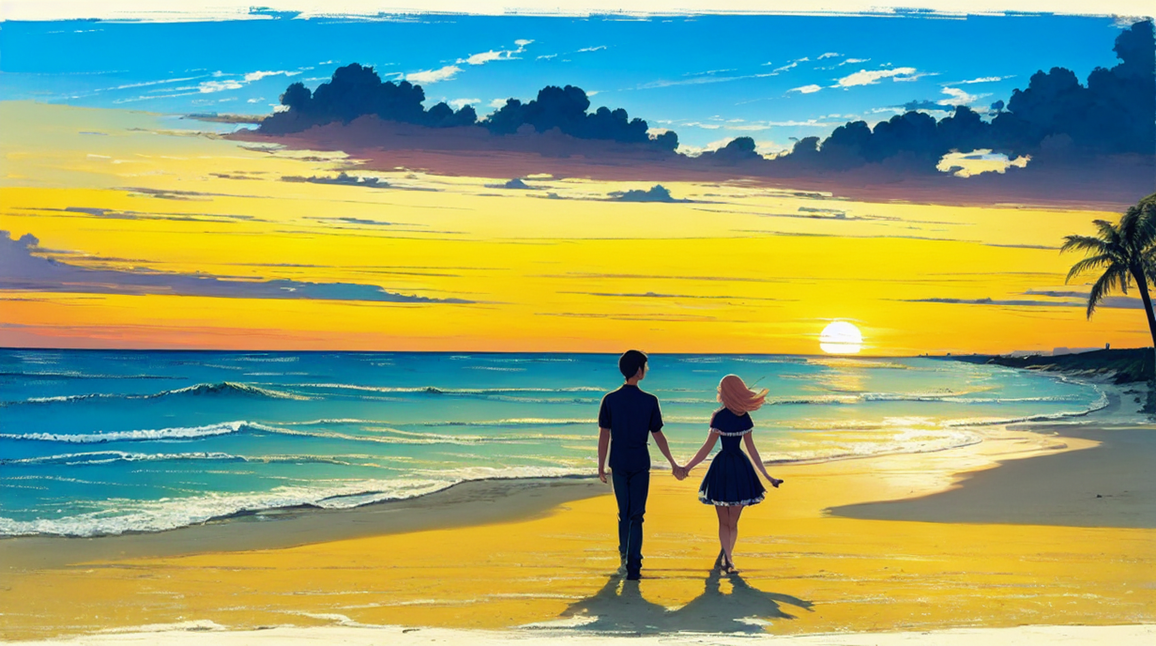 关键词:在夕阳西下的海边,一对情侣手牵手漫步在沙滩上,暖风拂面