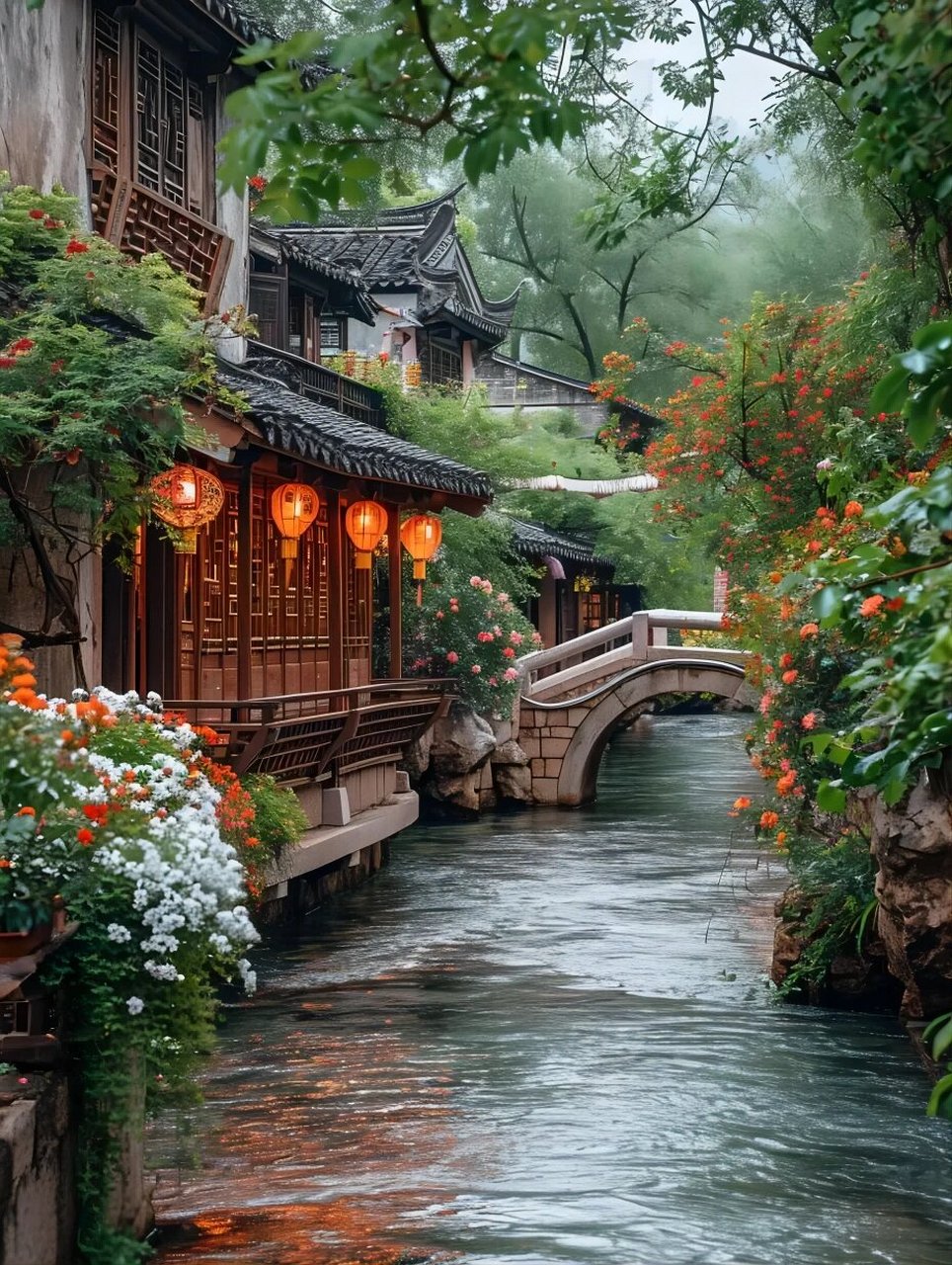 唯美古风意境素材  想象一下,一座古老的桥梁,横跨在清澈的河水上,桥