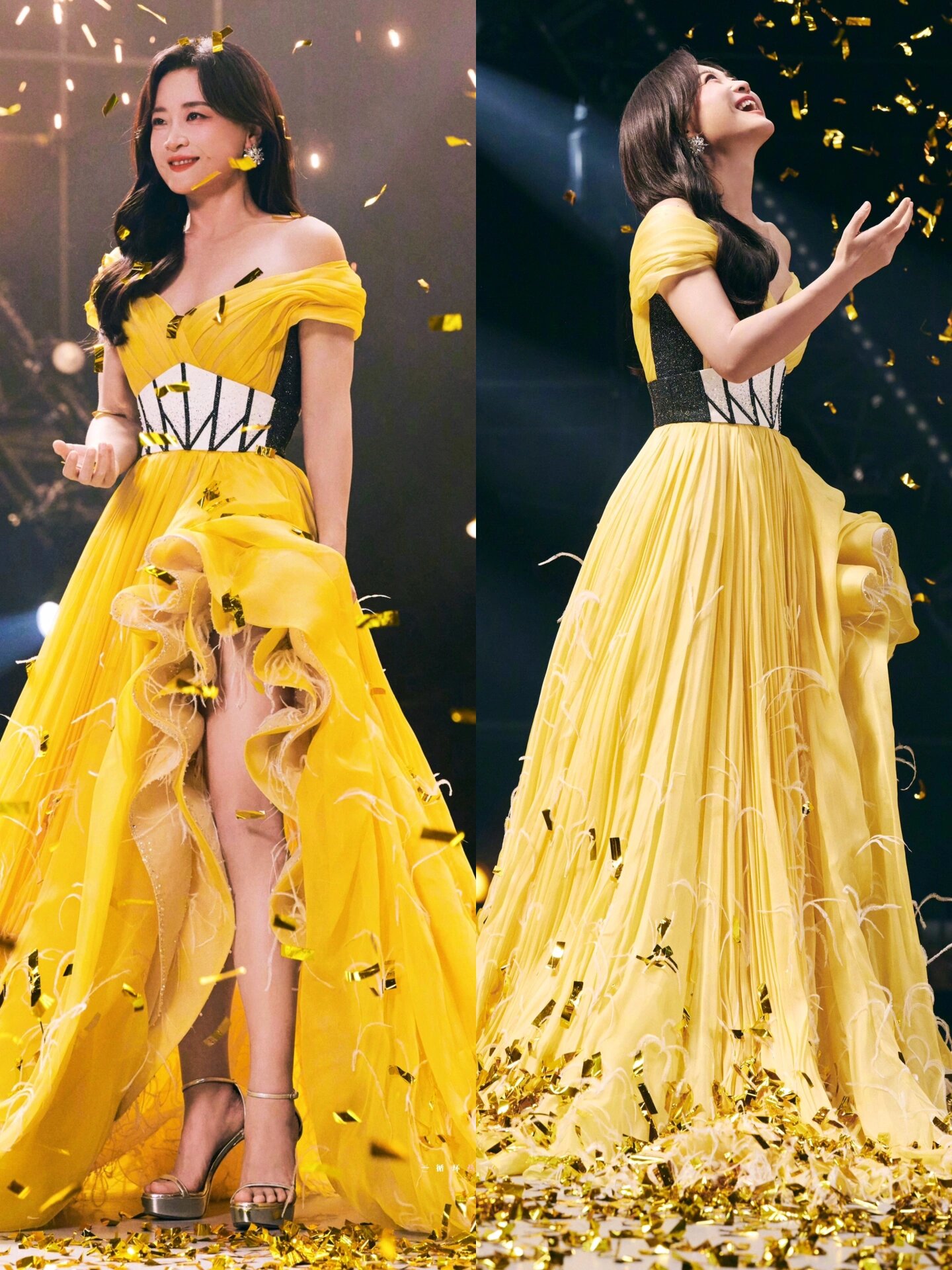 mv中,瘦身后的贾玲身穿黄色晚礼服,烫着大波浪惊艳亮相, 与瘦身前的