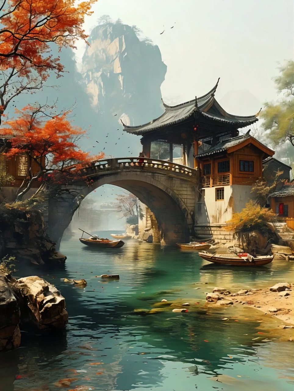 唯美古风意境素材  想象一下,一座古老的桥梁,横跨在清澈的河水上,桥