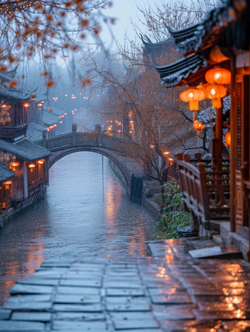 江南烟雨画屏中  想象一下,你置身于一幅细腻的江南水墨画中,细雨蒙蒙