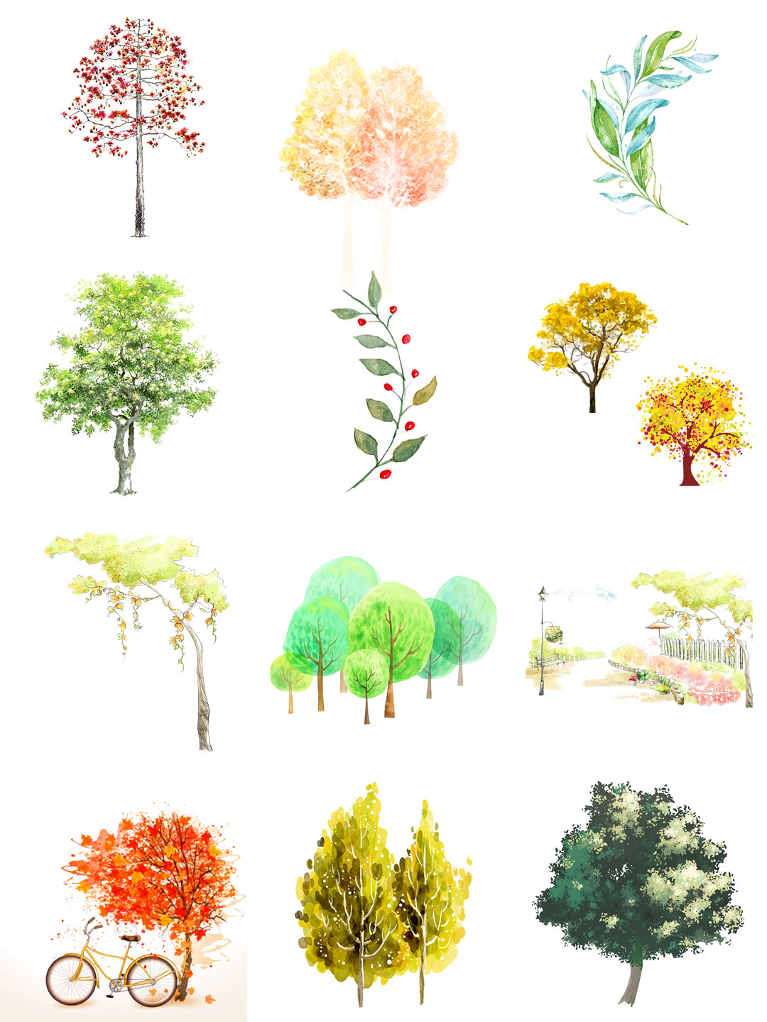 素材分享丨水彩手绘树木树叶png免扣插画