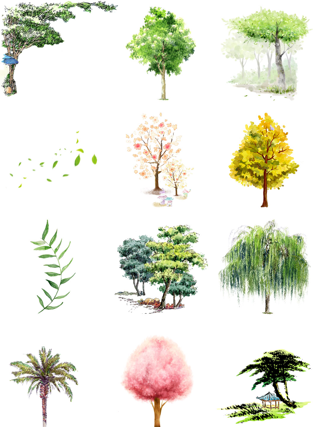 素材分享丨水彩手绘树木树叶png免扣插画