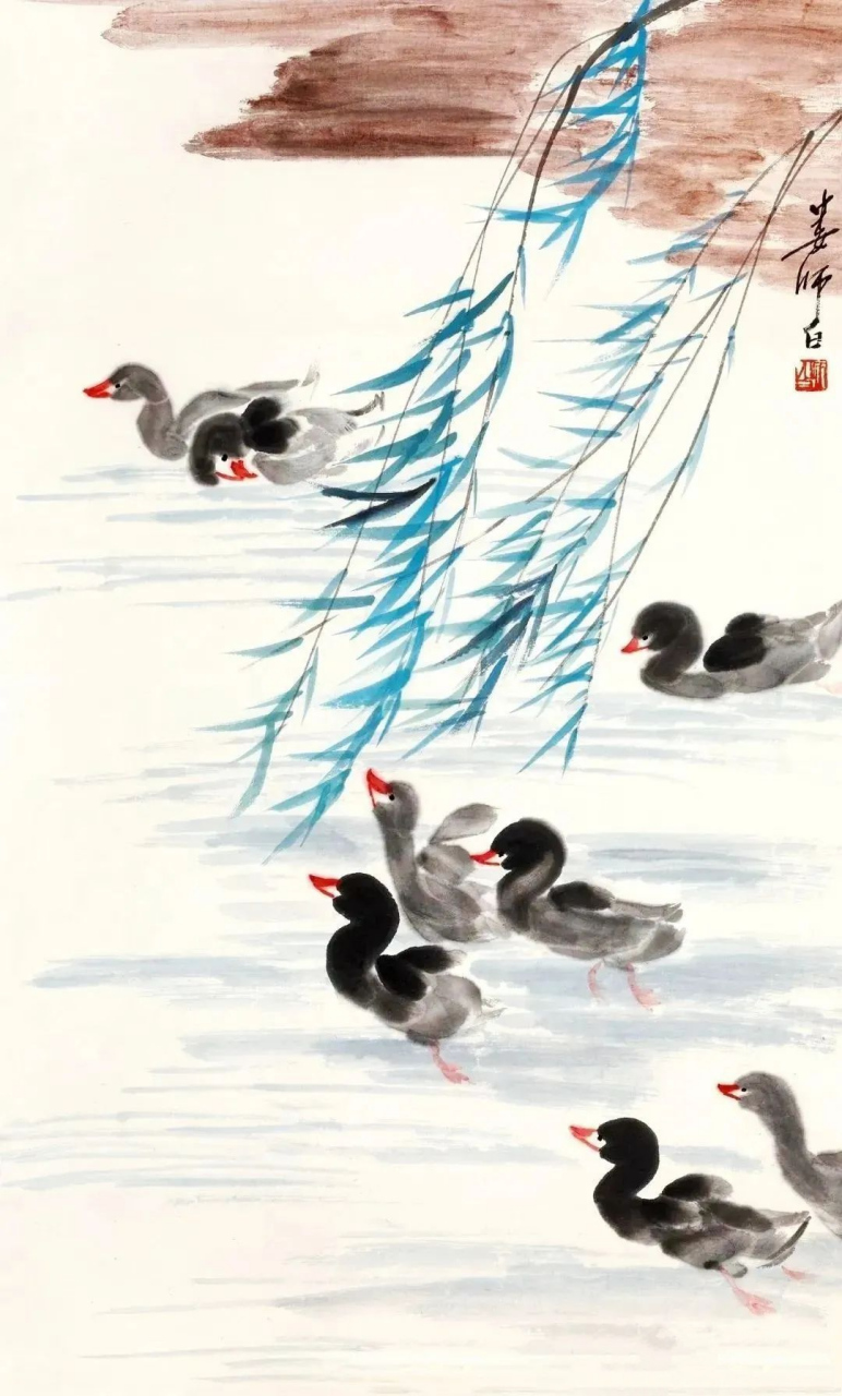 春风杨柳,小鸭子也出来踏春喽,来自娄师白笔下的可爱鸭子