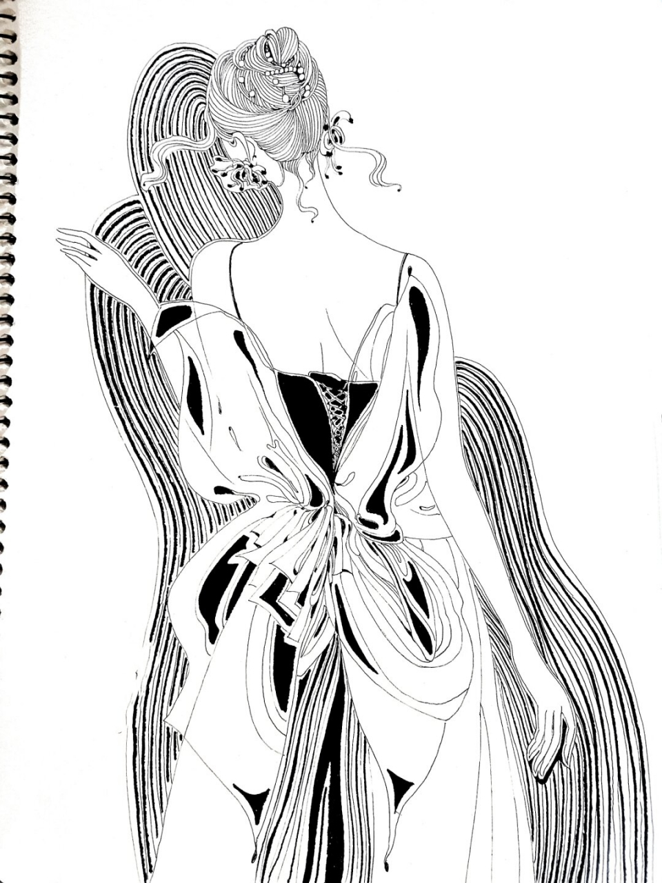 手绘蝴蝶结女孩背影速写  在一个阳光明媚的午后,我坐在窗前,手中握着