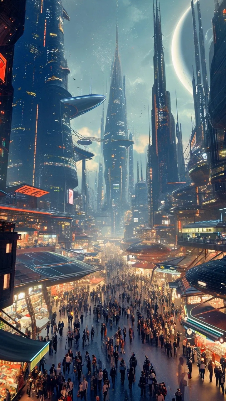 ai生成的一组科幻场景作品,展现了未来的异星都市,建筑宏伟壮观,与