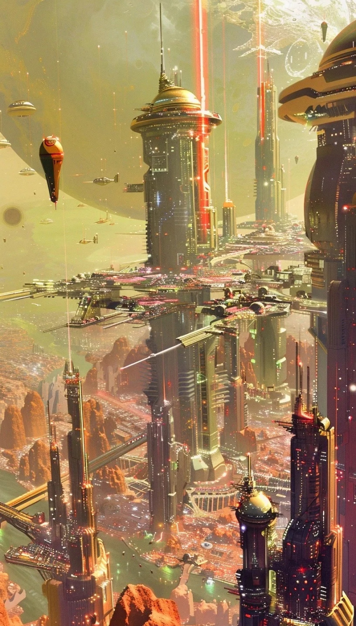 ai生成的一组科幻场景作品,展现了未来的异星都市,建筑宏伟壮观,与