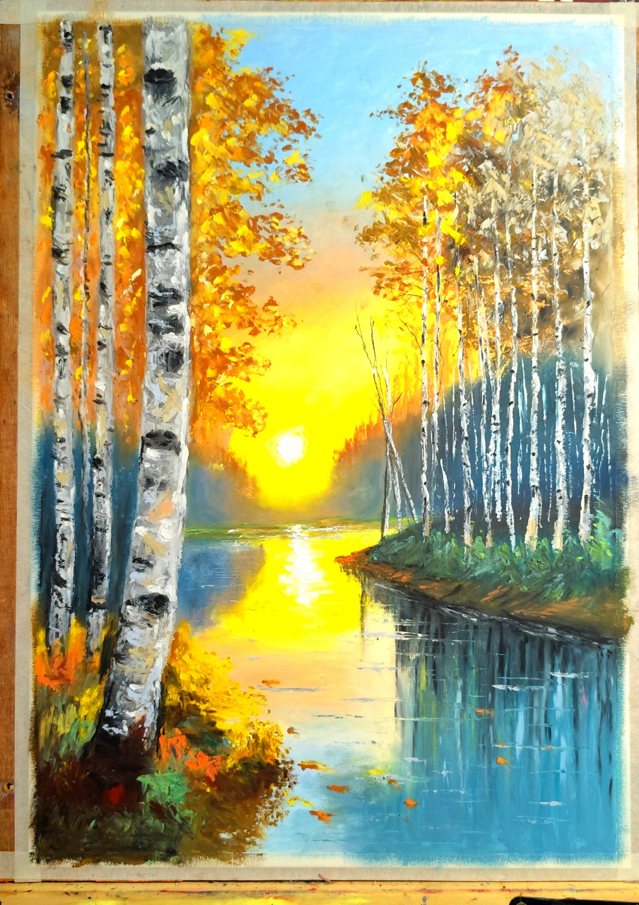 油画棒绘画作品可售 《黄昏的白桦林》尺寸8k#油画棒# #画画# #油画棒