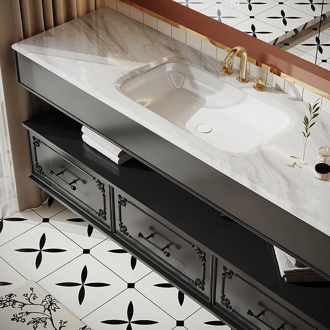 94这款法式复古浴室柜采用了奢华的天然奢石材料,每一块石头都独一