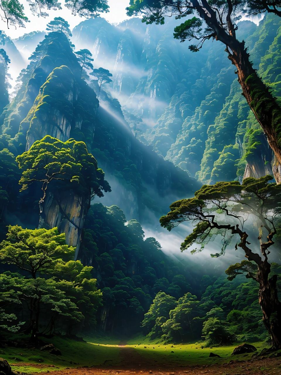 森林与在薄雾中的山峰  🌳踏入这片写实风郁郁葱葱的原始森林,我