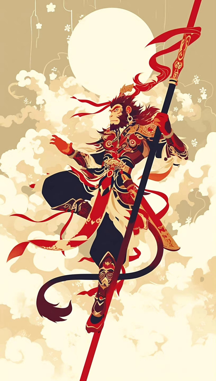 ai生成的一组西游记角色插画,描绘了孙悟空身披铠甲反抗天庭的形象