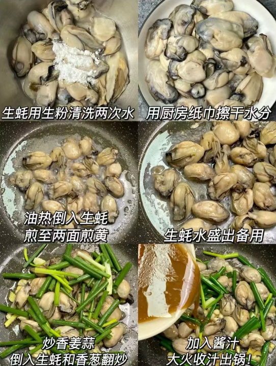 好吃到停不下来～准备食材:生蚝,葱,姜,蒜,生粉,蚝油,生抽,糖具体做法