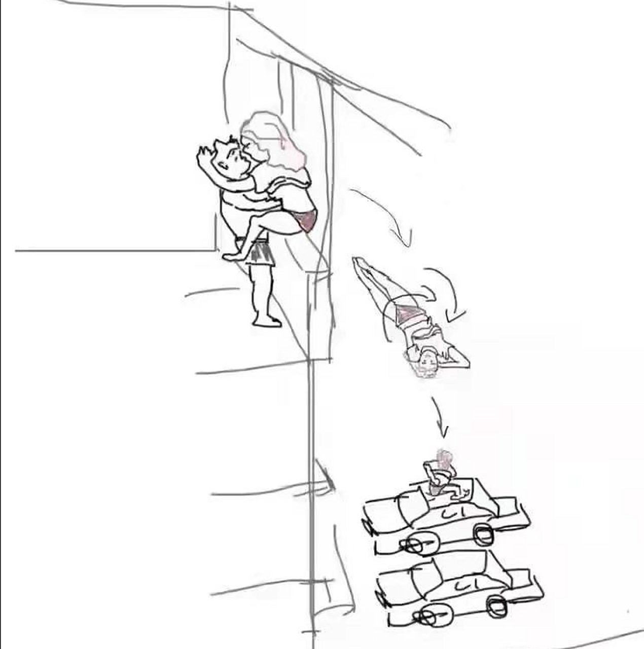 冲刺季# 女子从高楼上坠落,直接坐在别人的车顶上,有网友画出了全过程