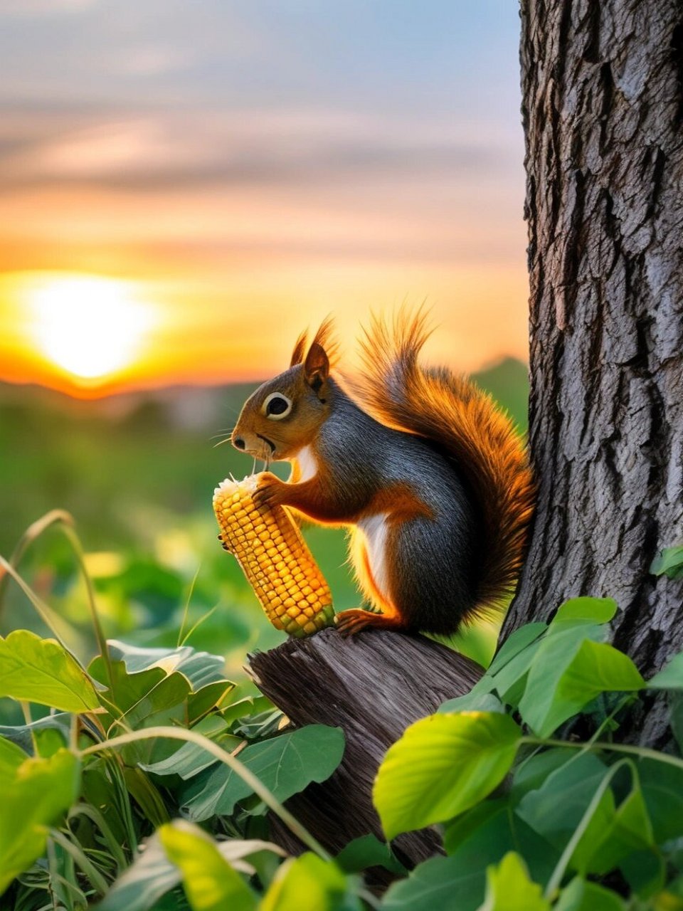西湖边上啃玉米的小松鼠  在风景如画的西湖边,一只可爱的小松鼠正
