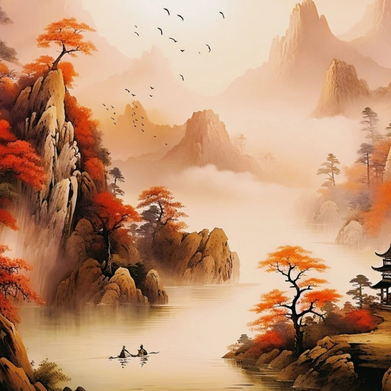 山水画头像图片  9015 青山如黛画中天,98绿水潺潺绕山间.