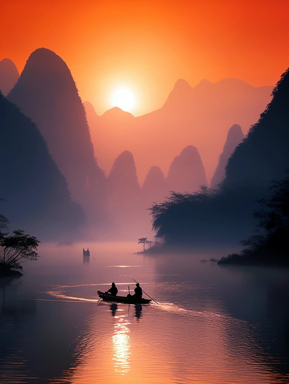 霞光万道映江面,倒影摇曳水云间