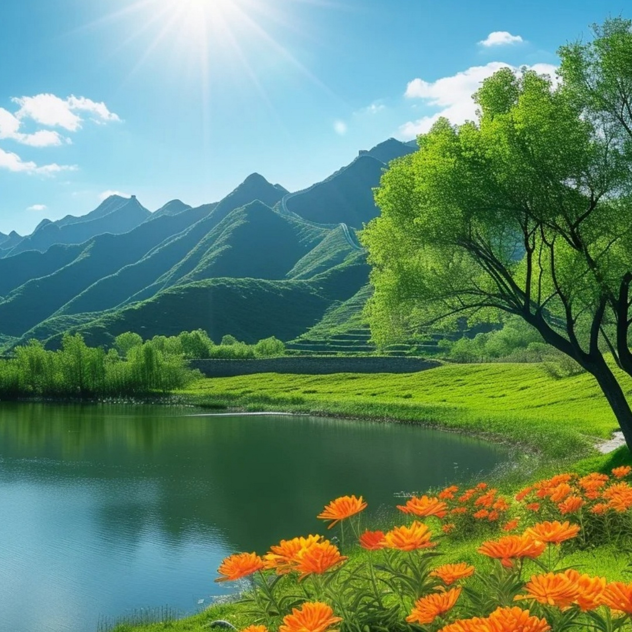 山水画头像图片  9015 青山如黛画中天,98绿水潺潺绕山间.