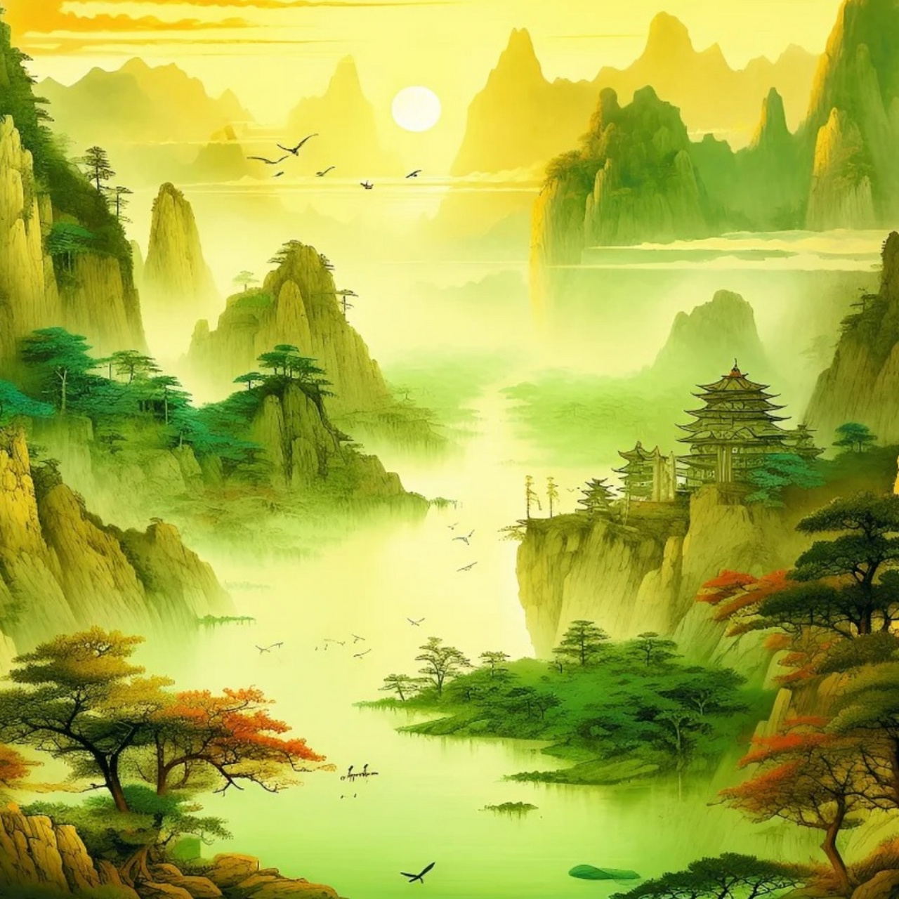 山水画头像图片  9015 青山如黛画中天,98绿水潺潺绕山间.