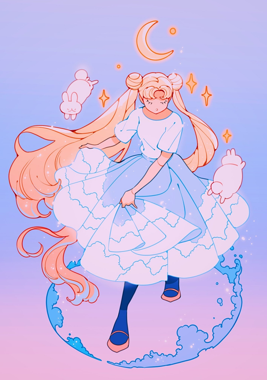 画师meyoco梦幻动漫场景绘画欣赏,描绘了用云朵,星空作霓裳的少女,在