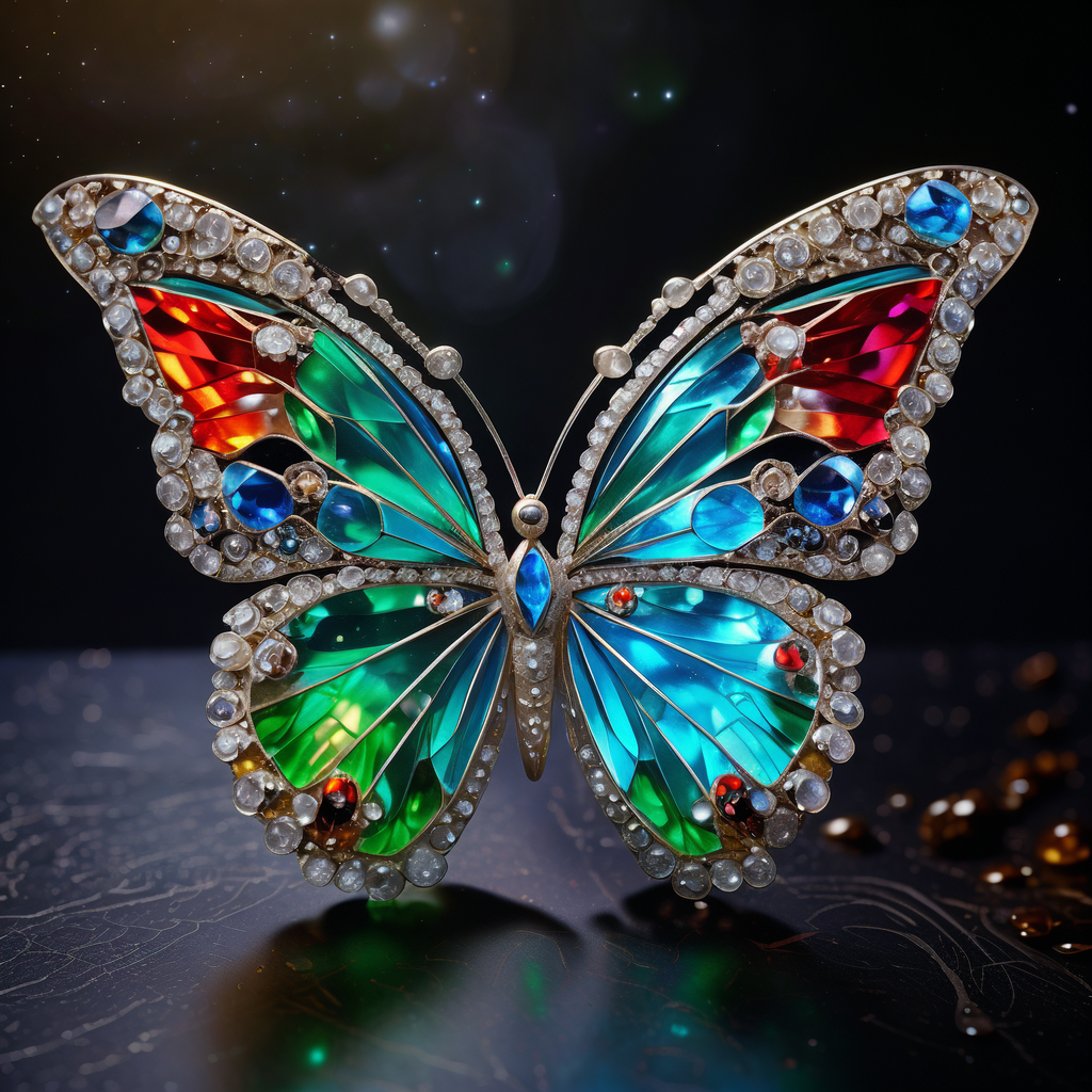 在繁华落尽之后,一只华丽的蝴蝶胸针静静地躺在柔和的灯光下