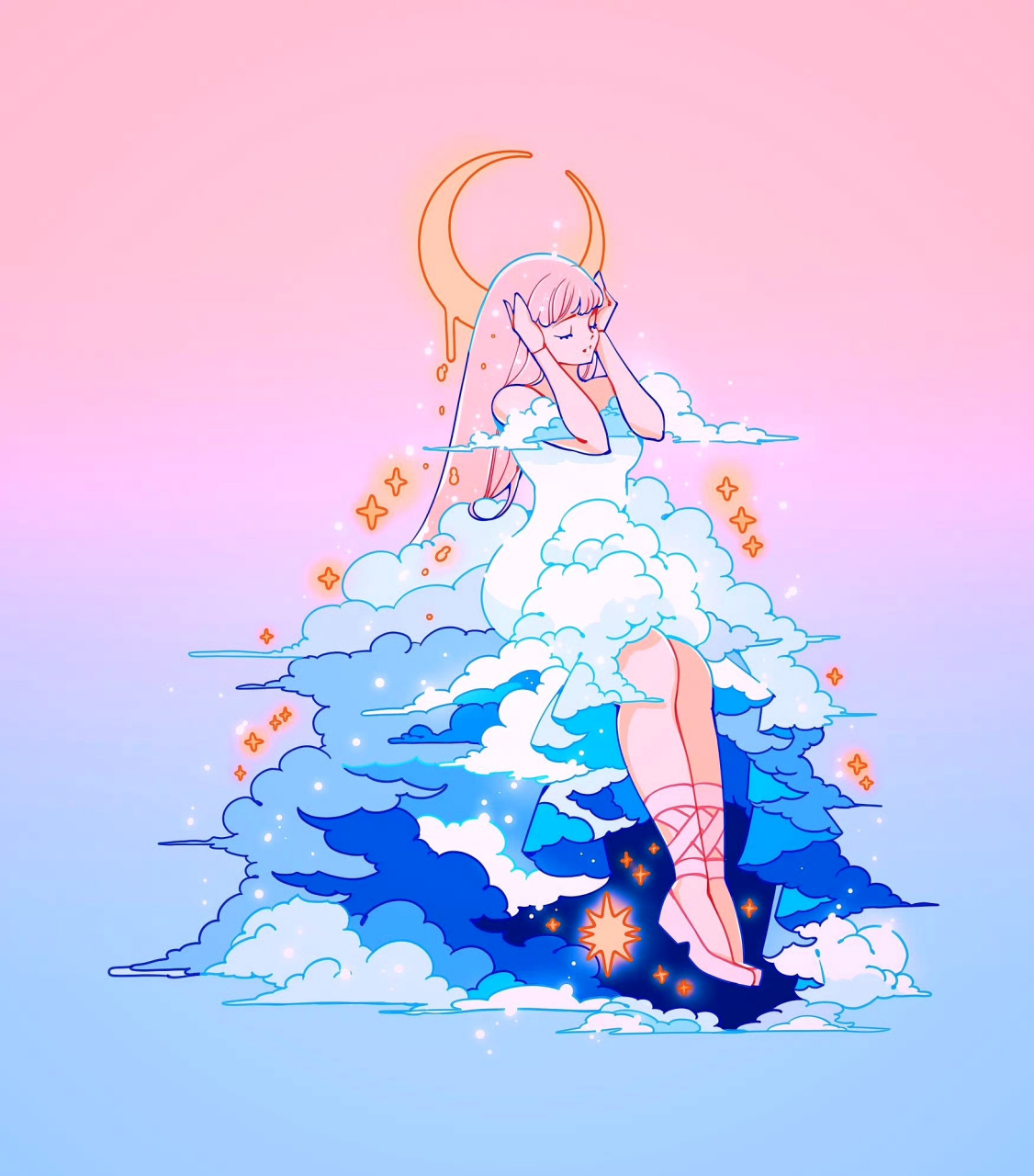 画师meyoco梦幻动漫场景绘画欣赏,描绘了用云朵,星空作霓裳的少女,在