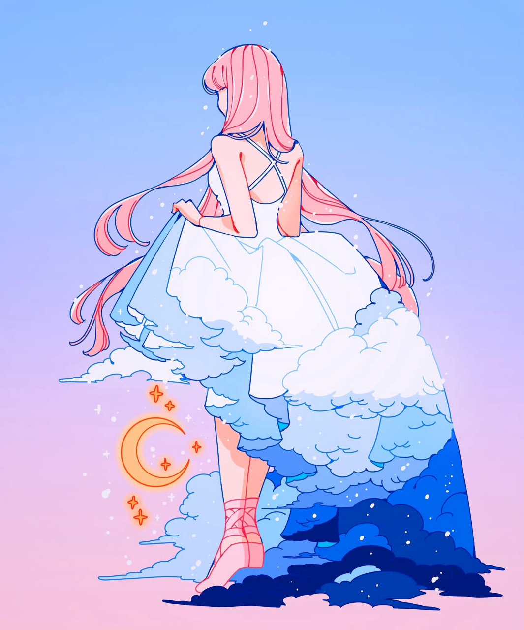 画师meyoco梦幻动漫场景绘画欣赏,描绘了用云朵,星空作霓裳的少女,在
