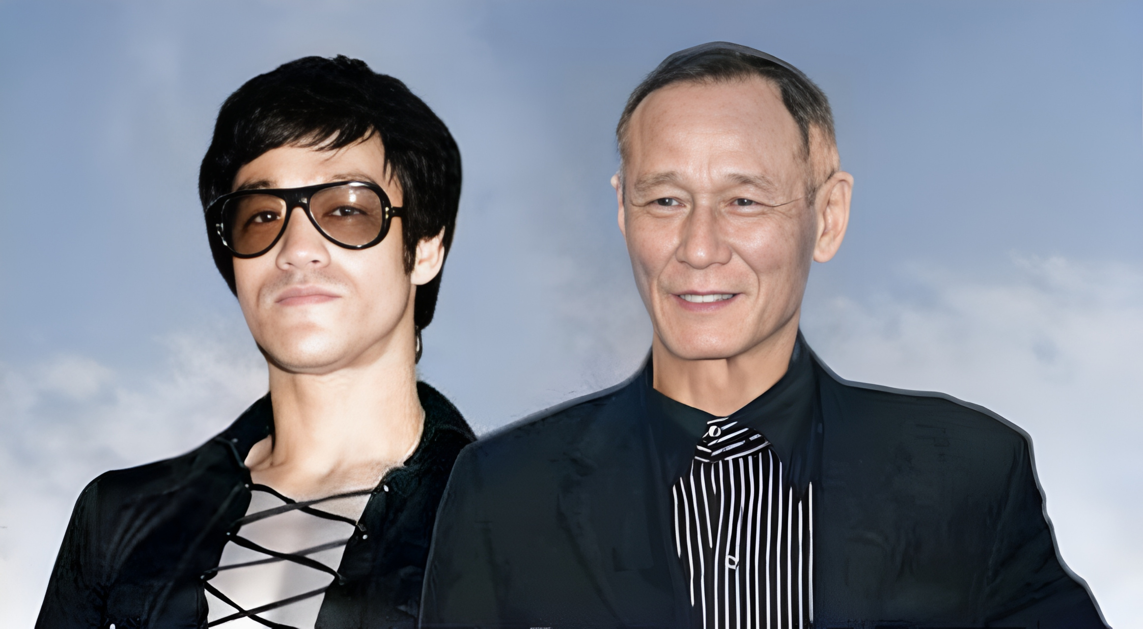 李小龙戴着墨镜揽着陈惠敏的肩膀相当霸气.陈惠敏显得拘谨羞涩.