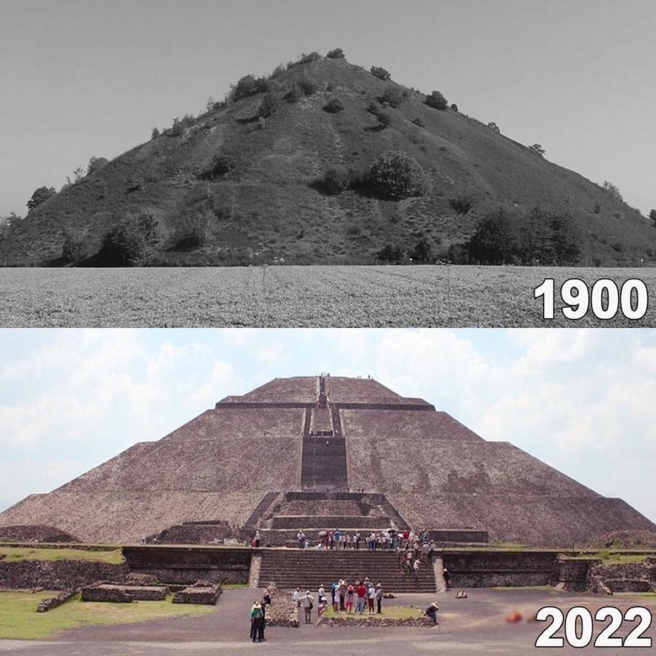 1900年和2022年,墨西哥城的特奥蒂瓦坎金字塔