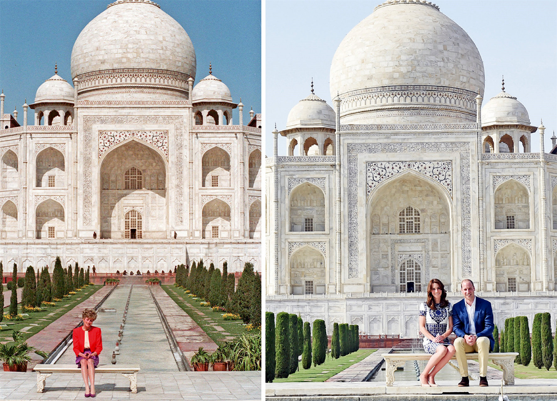 1992年,戴安娜王妃独自坐在泰姬陵前拍下这张照片.