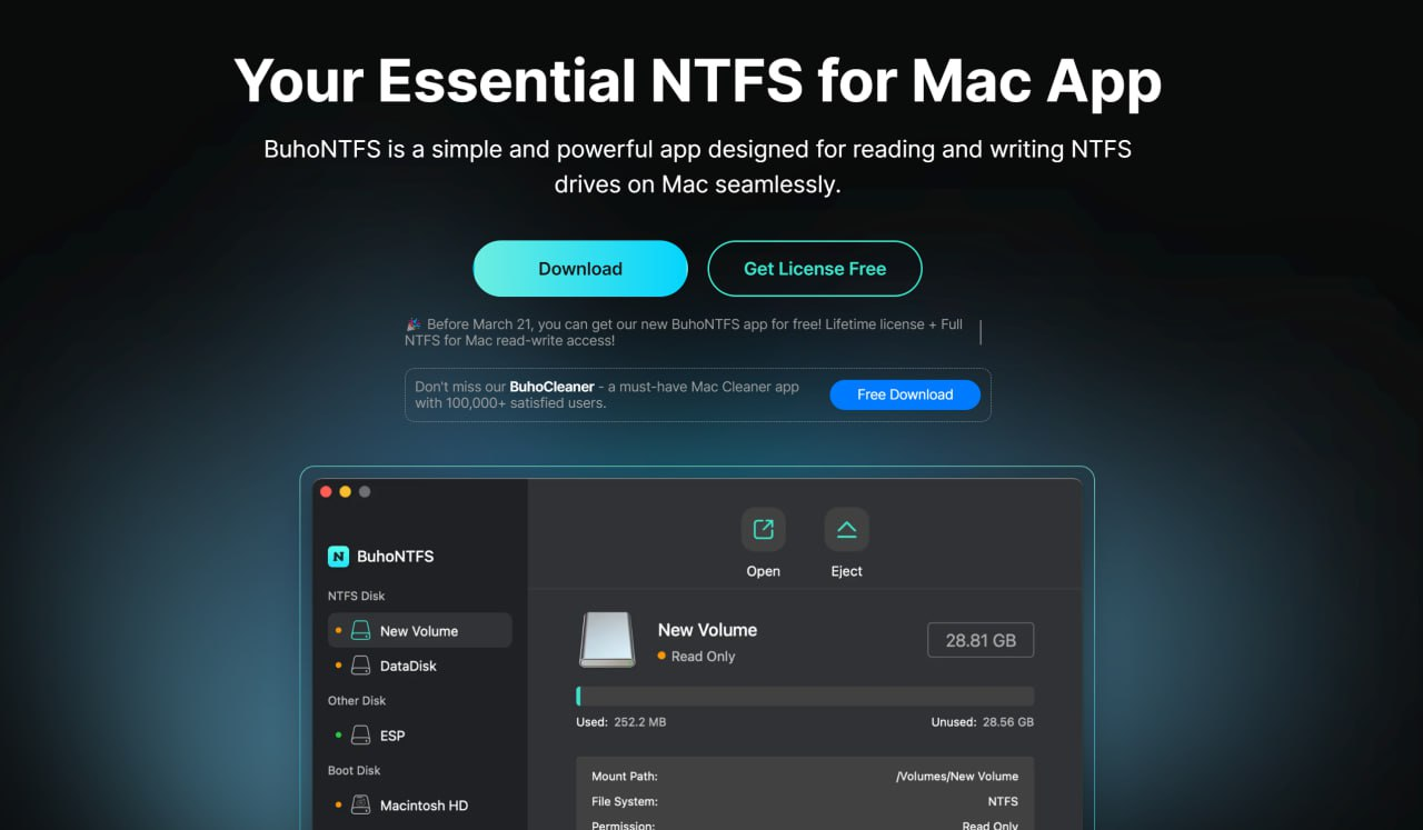 [精品限免] BuhoNTFS 终身版限免 – 在 Mac 上直接读写 Windows 磁盘格式 NTFS 文件
