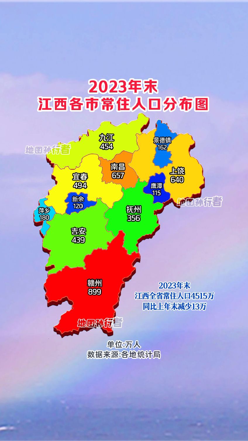 2023年江西各市常住人口数量分布图-度小视
