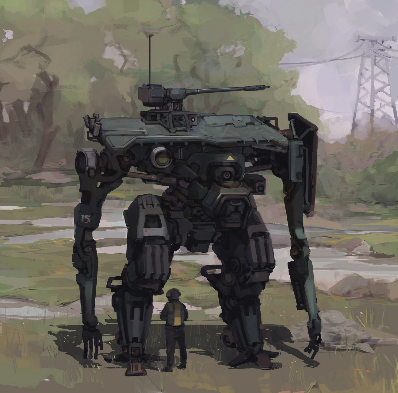 画师aidil fakhri科幻插画欣赏,描绘了未来人类使用机甲作战的场景