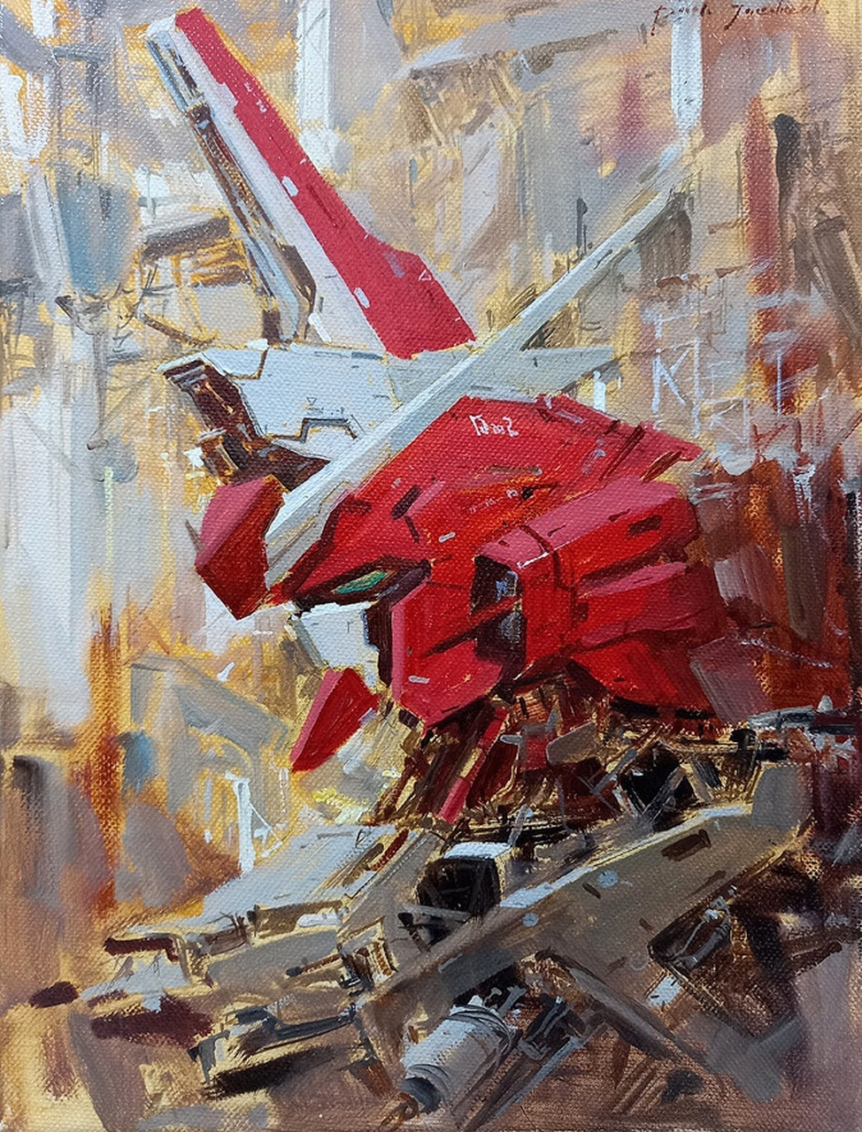 画师paperblue创作的一组高达油画作品,用厚重的色彩描绘了不同时期的