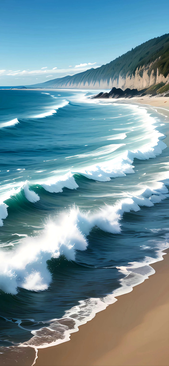 作品,描绘了热带海滩的风景,蔚蓝的海浪与金黄的沙滩构成美丽的图画