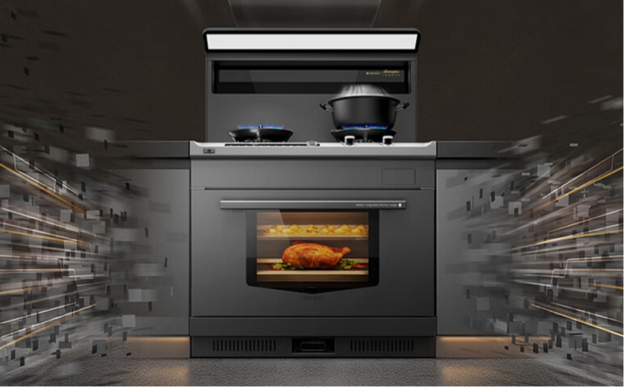 集成灶集油烟机,灶台等功能于一体,节省空间,提高使用效率,符合现代人