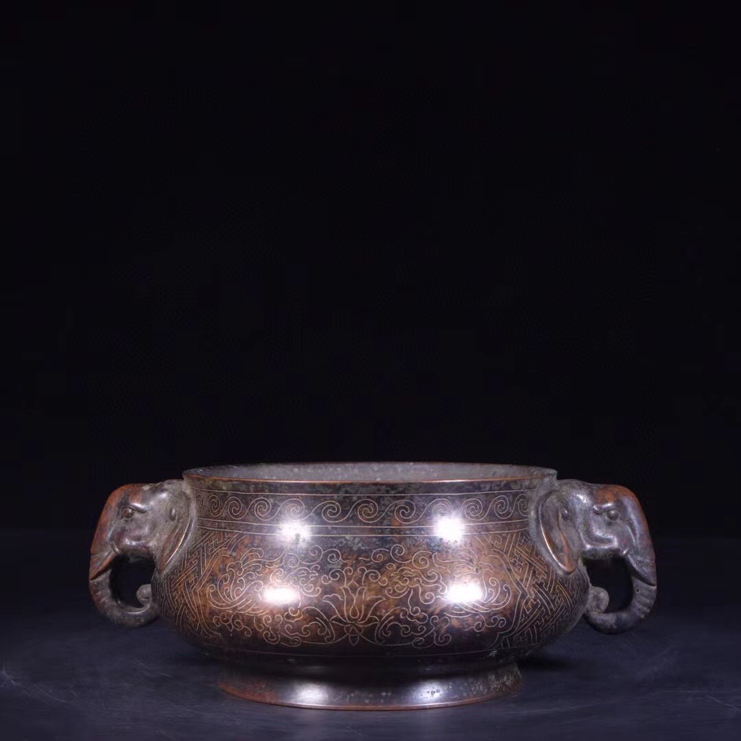 旧藏:石叟款铜嵌银丝象耳炉