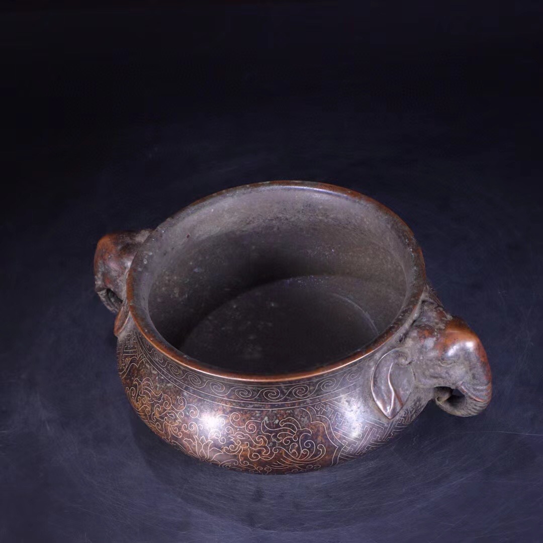 旧藏:石叟款铜嵌银丝象耳炉