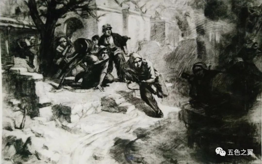 当年顾国建画的《地道战》的素描草图当时,韦启美先生在画《青纱帐里