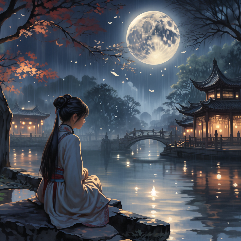 在河边望着月亮的女生