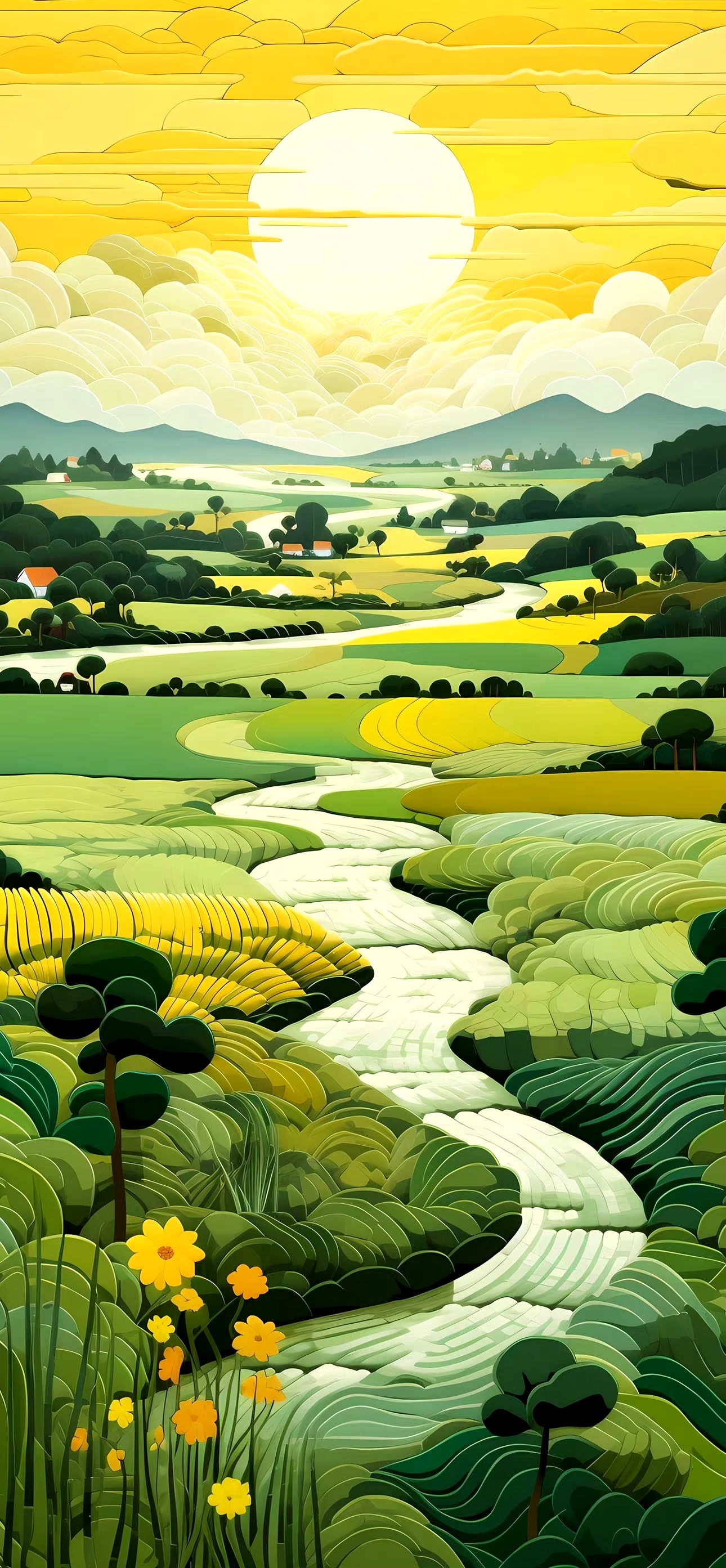 ai生成的一组风景绘画作品,用优美的线条描绘了田园的风景,阡陌交通