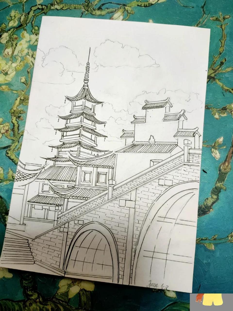 江南千灯古镇 马克笔风景画《江南–千灯古镇》线稿