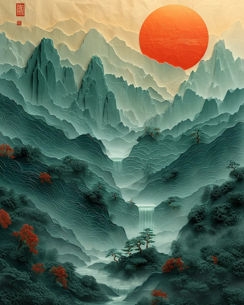 风景画图片  92远处的山峦层峦叠嶂,云雾缭绕;近处的树木郁郁葱葱