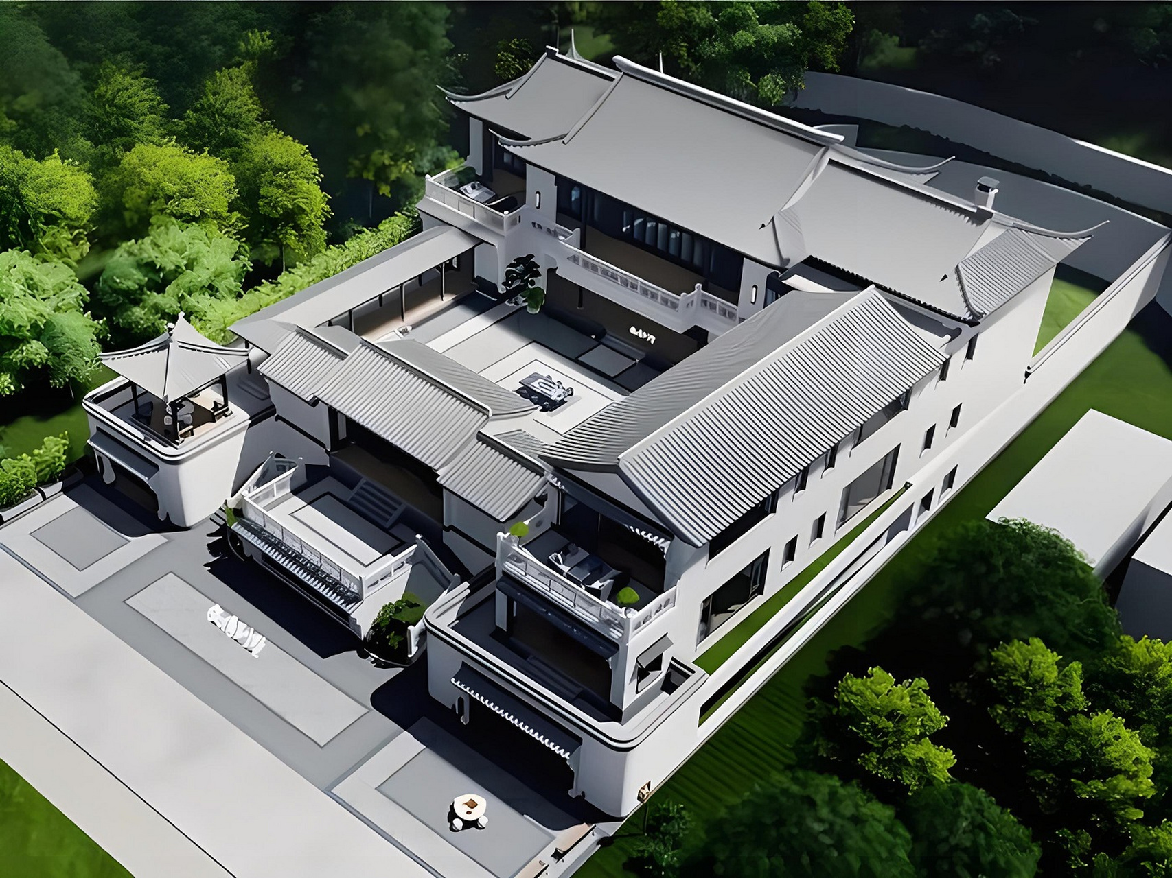 中式合院代表中国传统建筑艺术,布局对称均衡,建筑造型典雅大方,空间