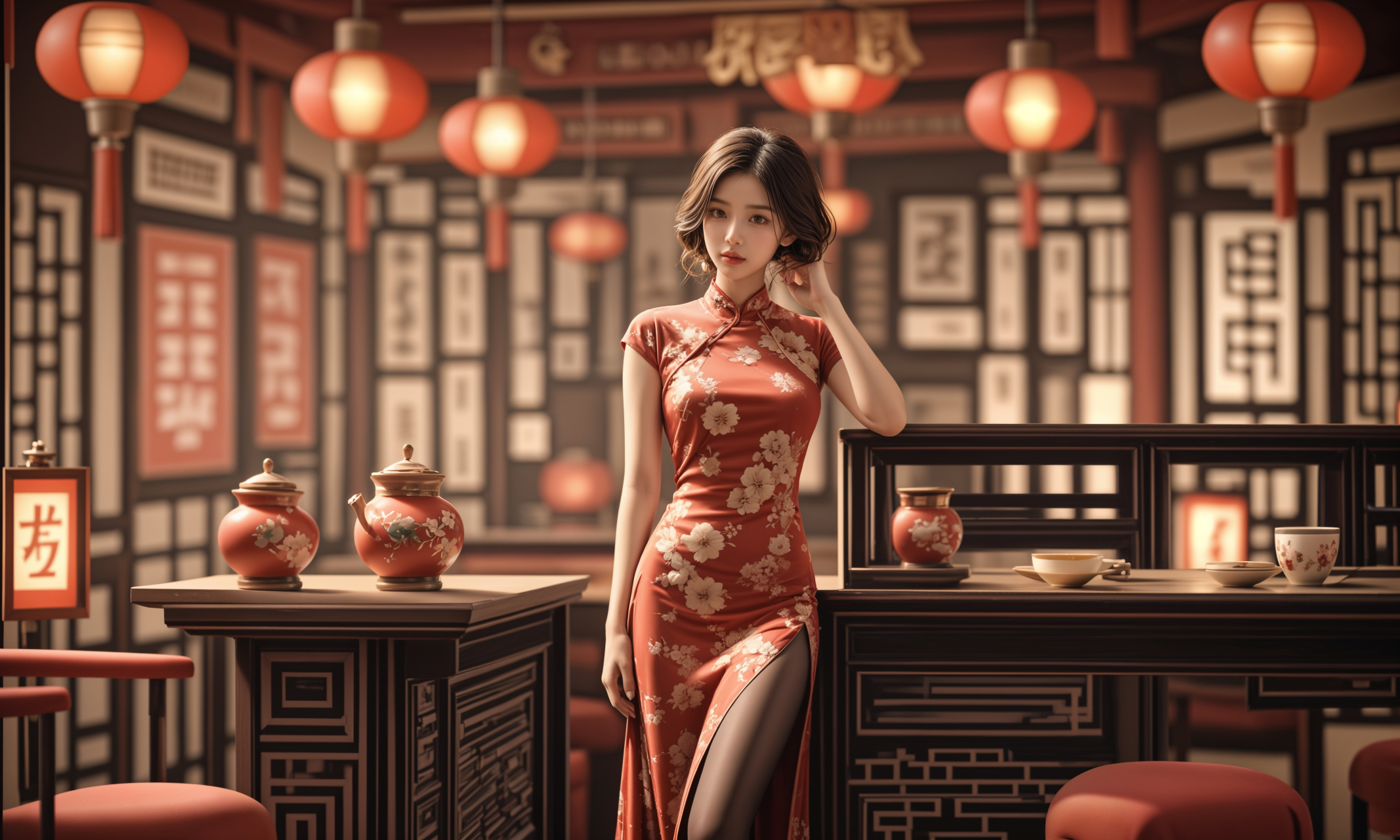 ai美女图片# #美女# #ai美女壁纸# 	几位红色旗袍美女围坐在一张圆桌