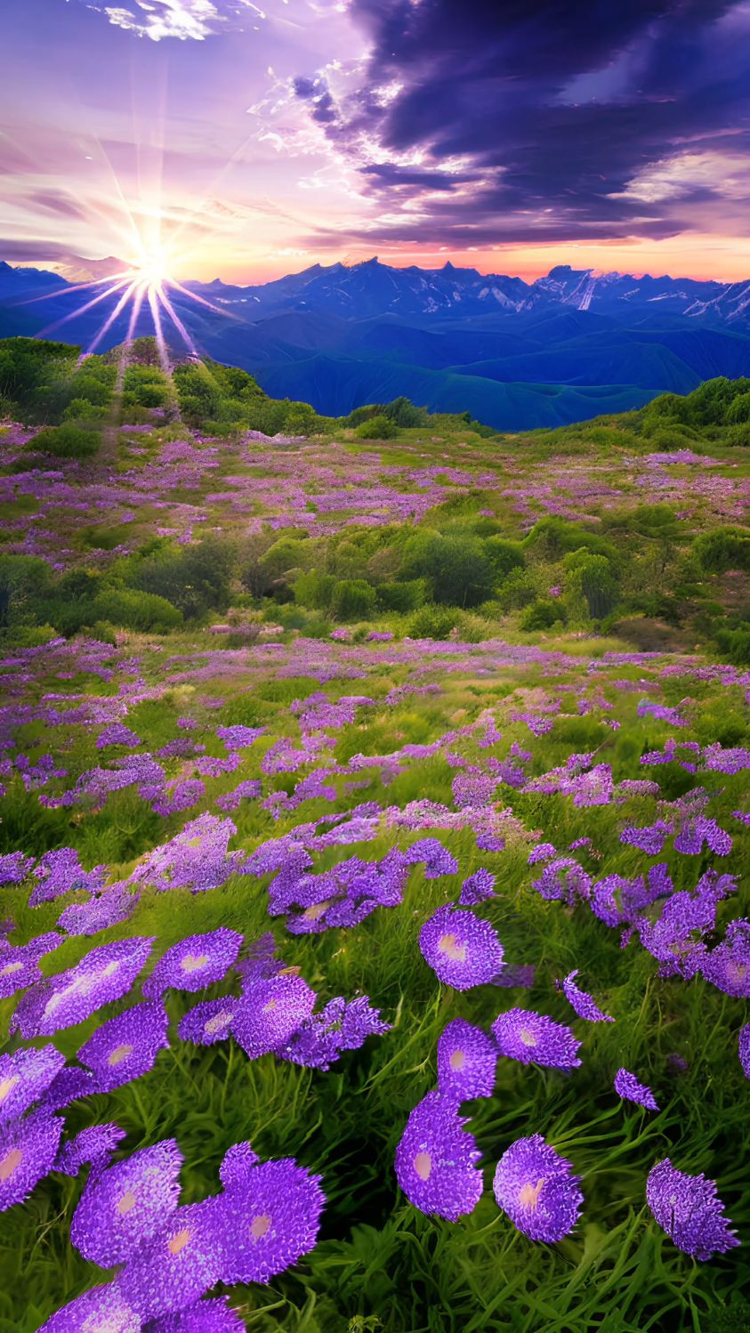 远望天边,近看脚下,紫色野花野草交错盛放,何处是尽头