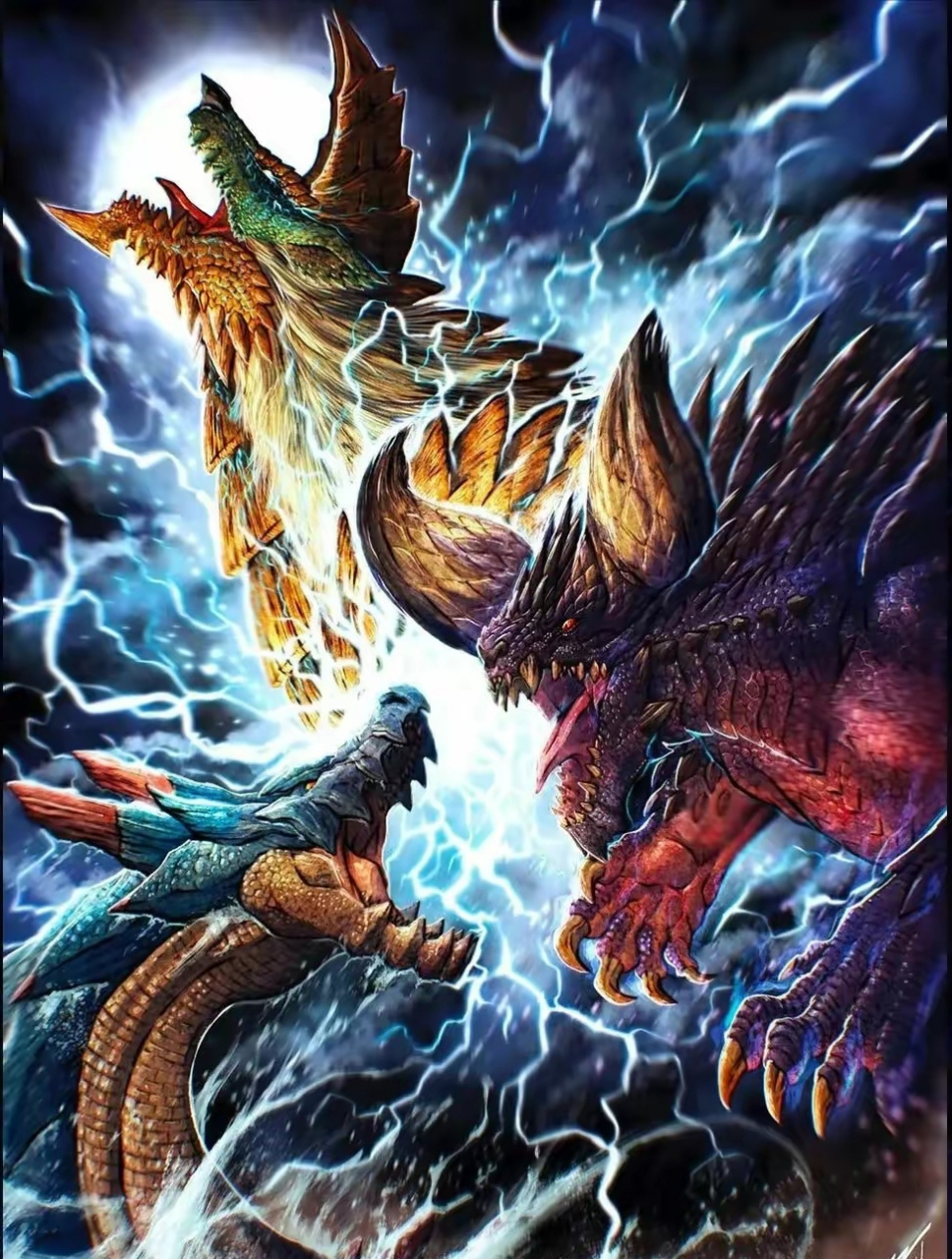 分享一组游戏《怪物猎人》同人插画作品,描绘了游戏中的几种重量级的
