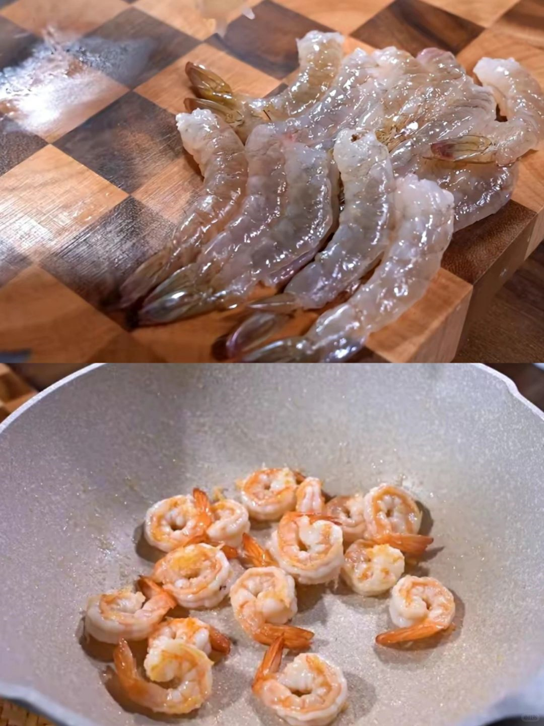 食材处理也很简单日本豆腐裹上淀粉鲜虾去皮开背热锅冷油煎至金