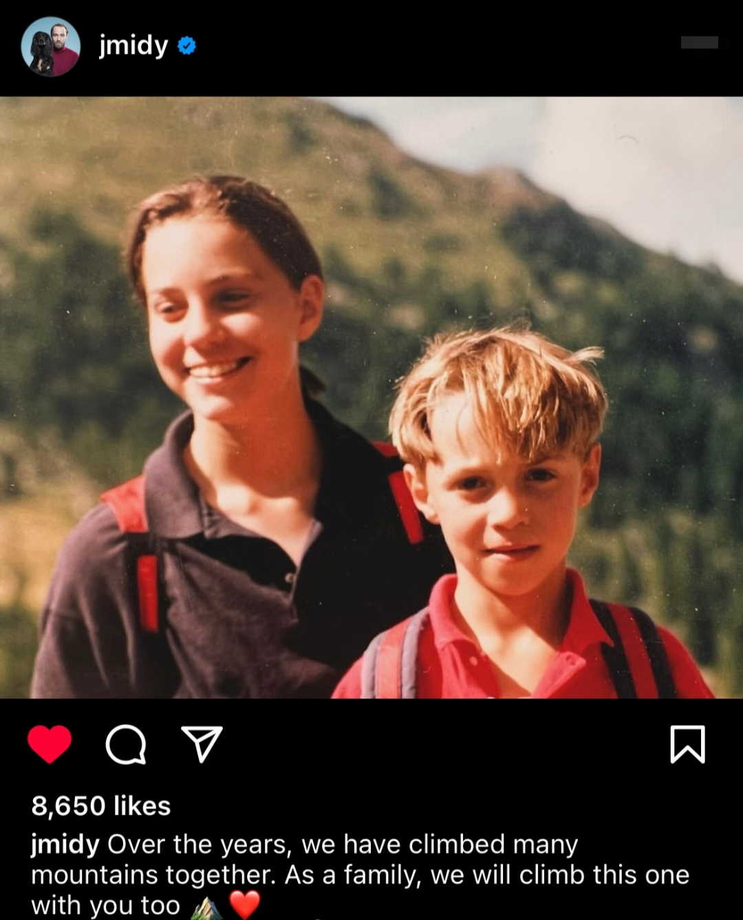 米德尔顿在社交媒体上分享了一张他和姐姐小时候去爬山的照片