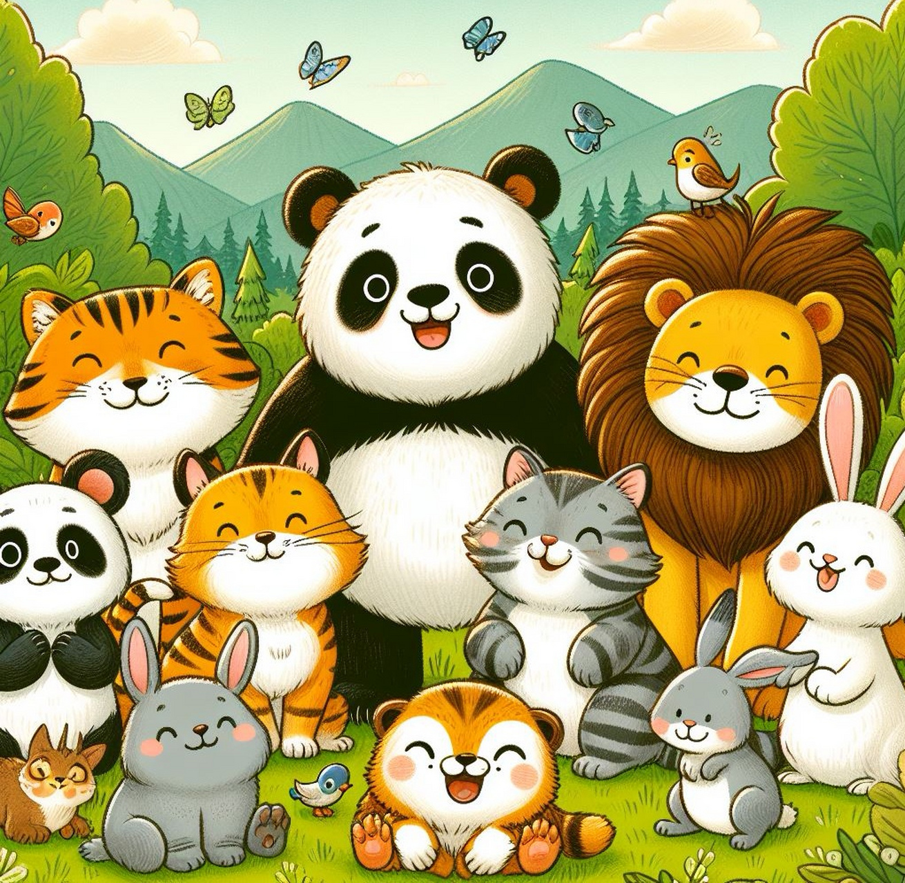 今天给森林里的小动物们画了张合影照片,哎呀～好像漏掉了一个小动物