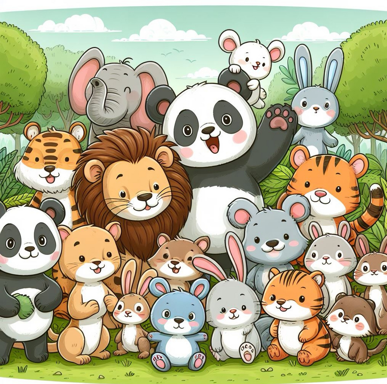 今天给森林里的小动物们画了张合影照片,哎呀～好像漏掉了一个小动物